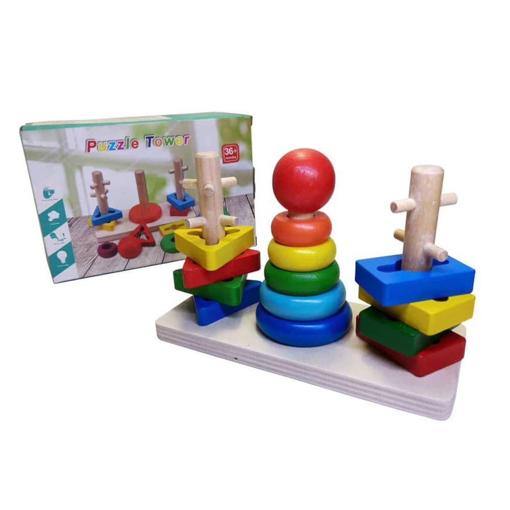 Wooden Puzzle Tower Stacker (3-Column)