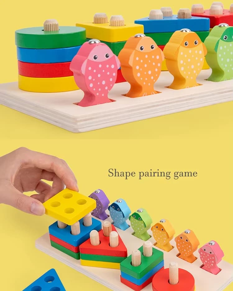 Close-up of the sorter columns and a child pairing a yellow square shape