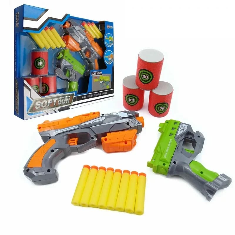Soft blaster combo - two foam dart guns, foam darts and three target cans with box