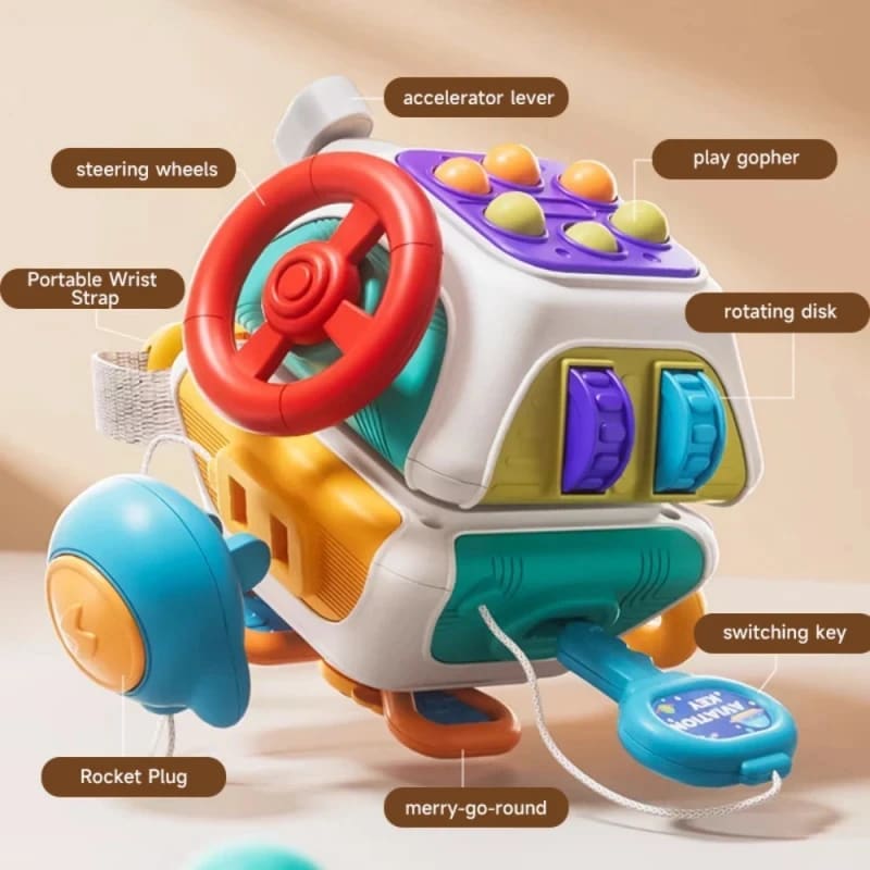 Busy board features labelled - steering wheels, accelerator lever, play gopher, rotating disk, rocket plug