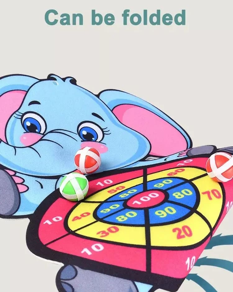 Elephant dart board being folded, sticky balls attached