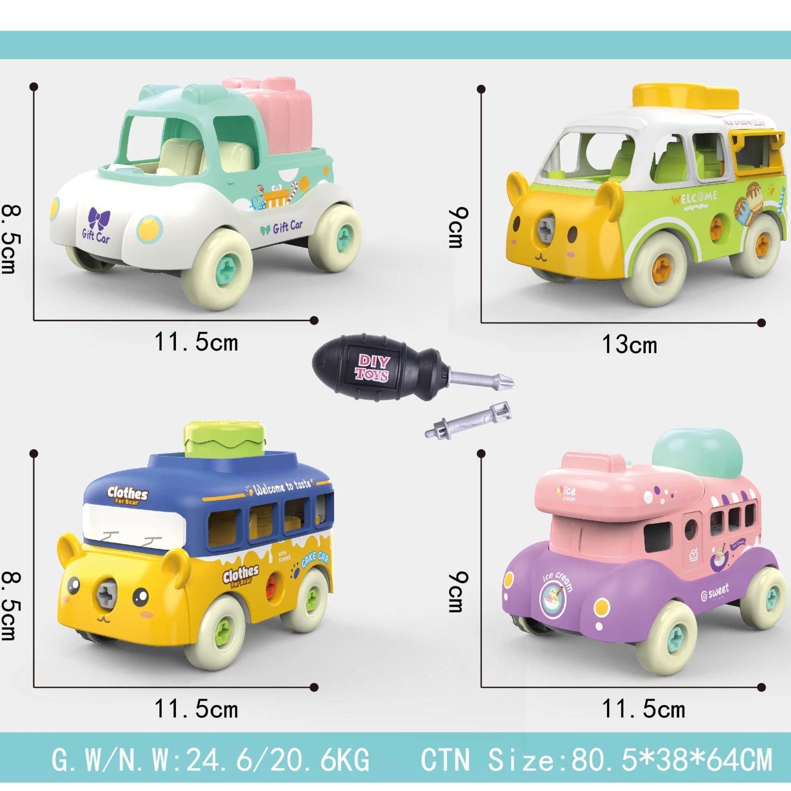 Four ice cream toy cars with size labels 8.5 to 9 cm tall and screwdriver tool