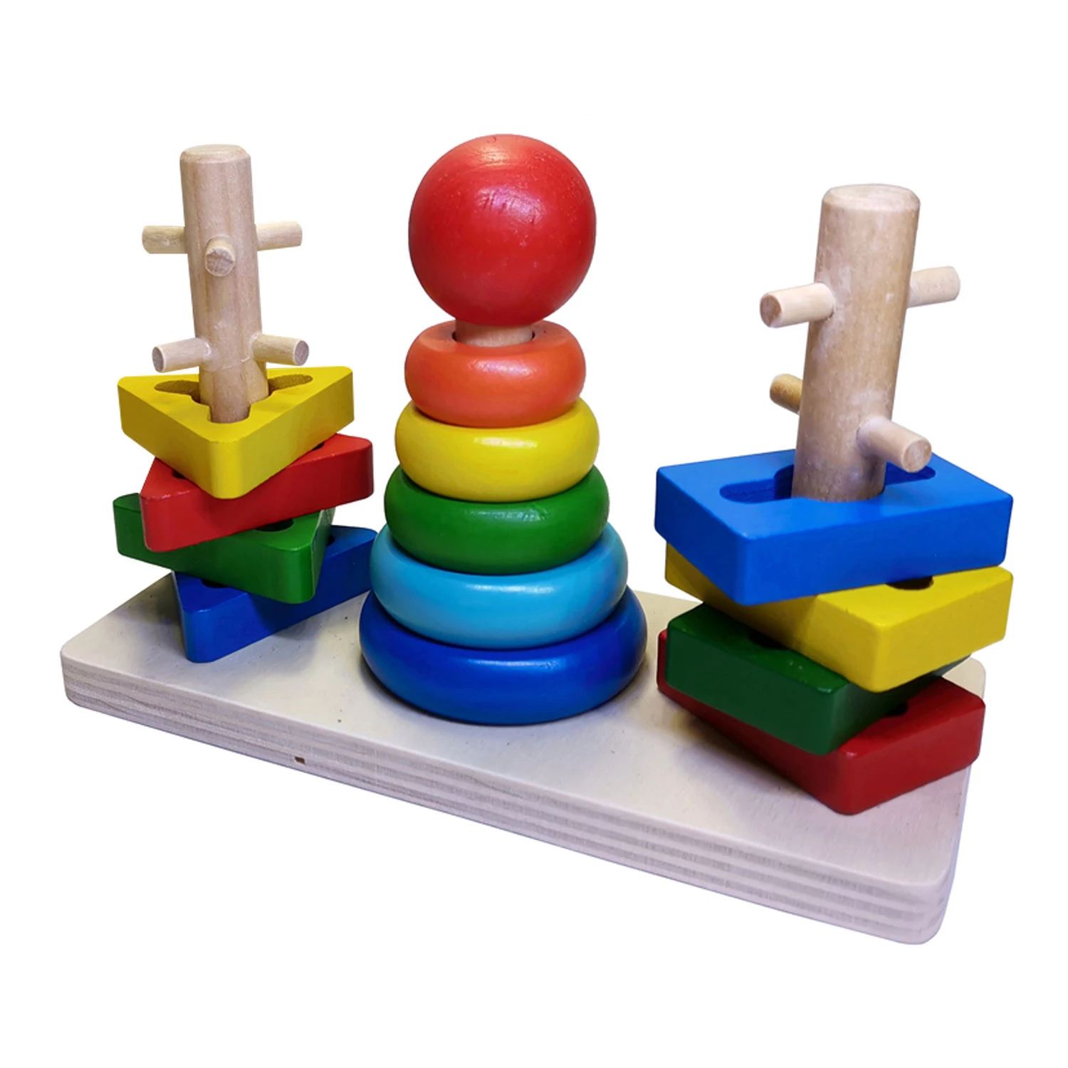 Three-column wooden stacker with rings, shapes and a red ball on top