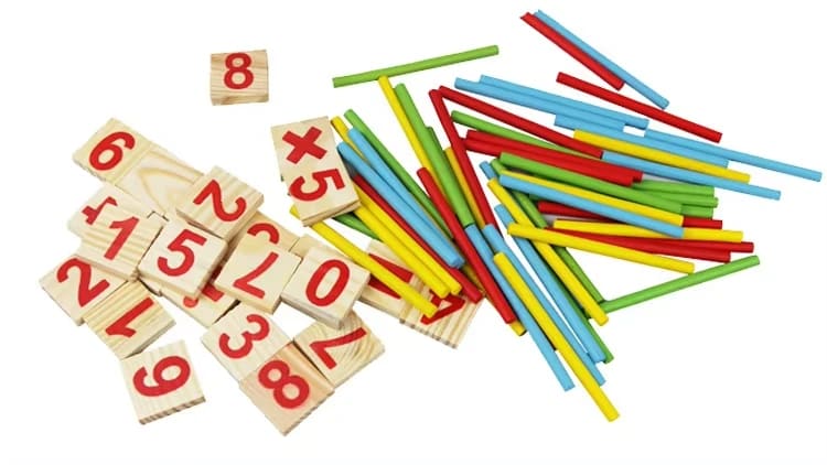 Loose number tiles and coloured counting sticks
