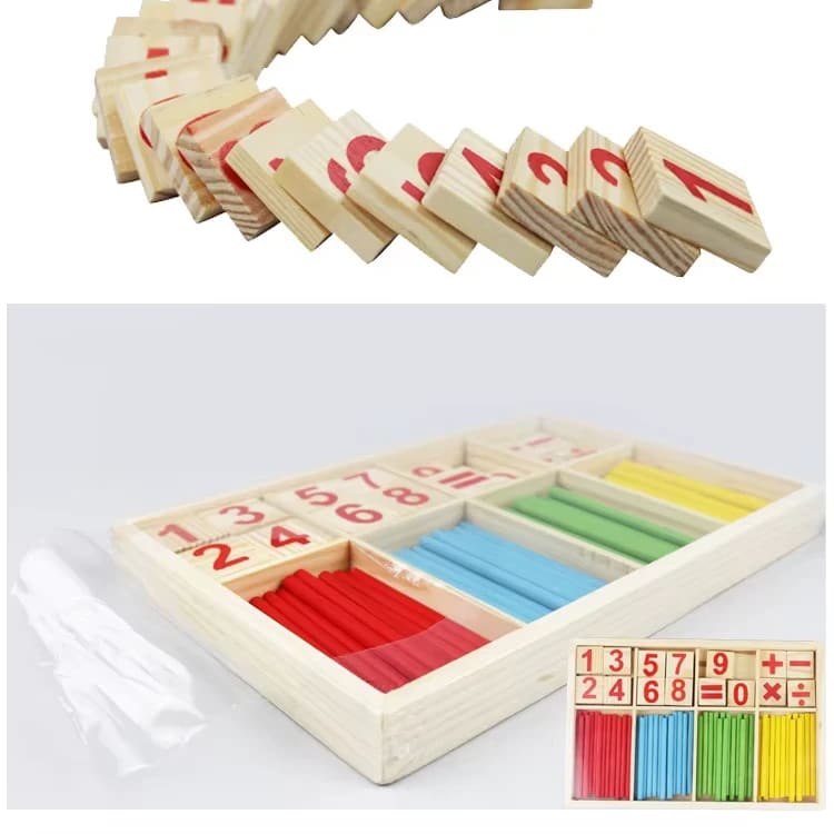 Counting sticks and number tiles, with the tiles toppling like dominoes