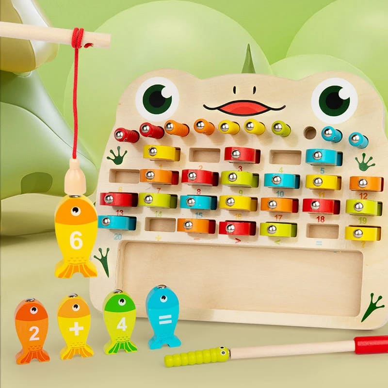 Wooden frog math fishing board with numbered fish, magnetic rod and caterpillar pegs