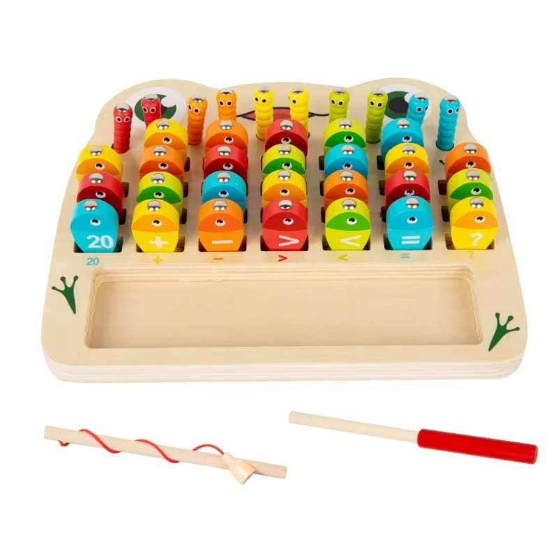 Frog math board with coloured caterpillar pegs and two fishing rods