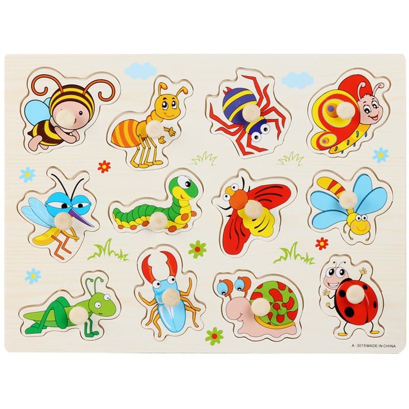 Wooden knob puzzle with twelve insects - bee, ant, spider, butterfly, ladybird and more