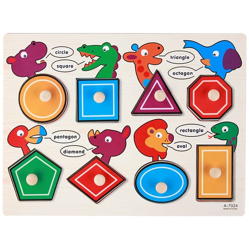 Wooden knob puzzle matching eight shapes to their names - circle, square, triangle, octagon, pentagon, diamond, oval and rectangle