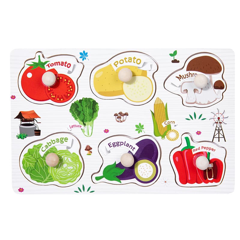 Wooden knob puzzle with six vegetables - tomato, potato, mushroom, cabbage, eggplant and red pepper