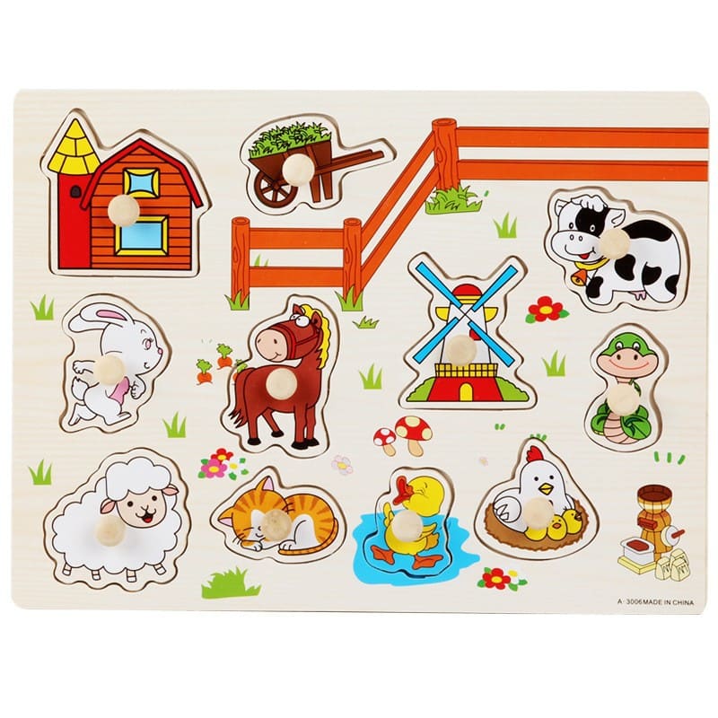 Wooden knob puzzle with a farm scene - cow, horse, sheep, cat, duck, hen, rabbit and barn