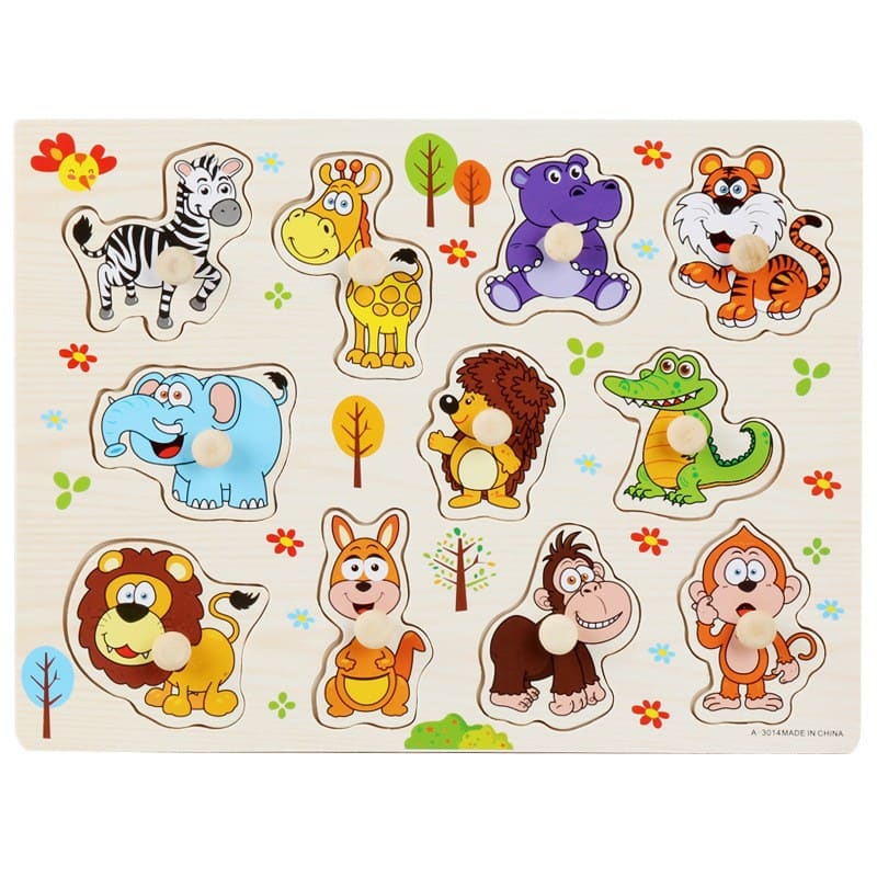 Wooden knob puzzle with twelve animals - zebra, giraffe, hippo, tiger, lion and monkey