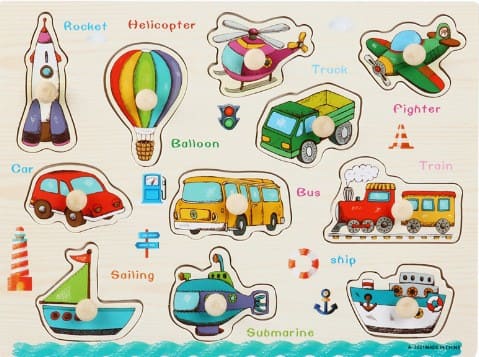 Wooden knob puzzle with vehicles - rocket, helicopter, plane, car, bus, train, boat and submarine