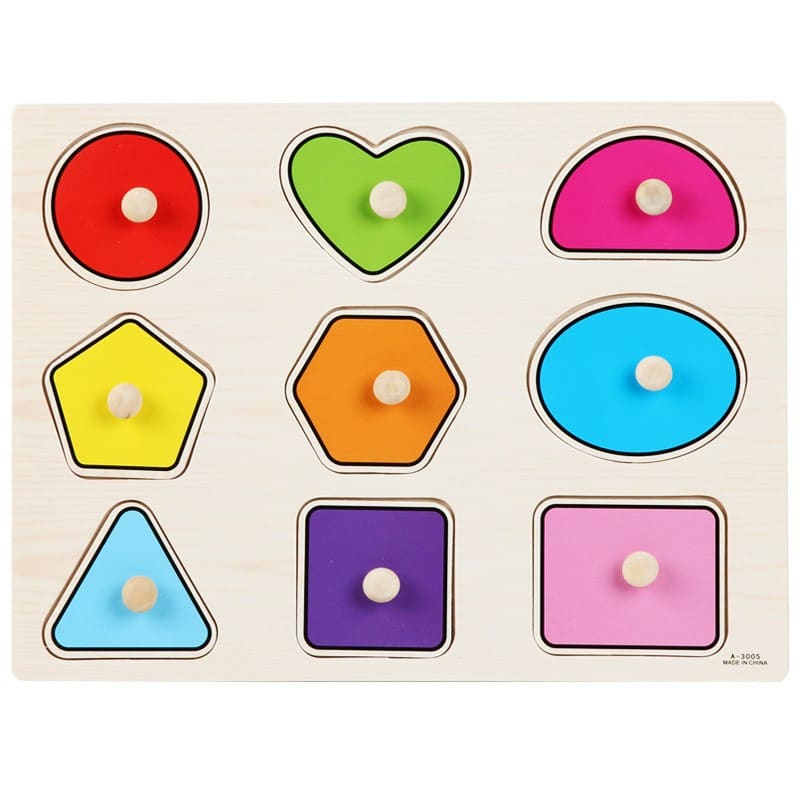 Wooden knob puzzle with nine coloured shapes - circle, heart, pentagon, hexagon, triangle and square