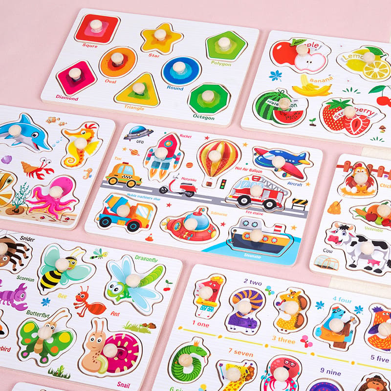 Collection of knob puzzle boards - shapes, fruit, vehicles, sea animals, insects, farm animals and numbers
