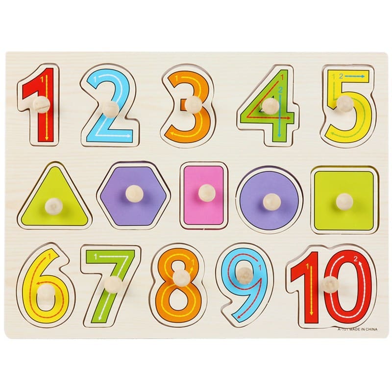 Wooden knob puzzle with numbers 1 to 10 and five coloured shapes