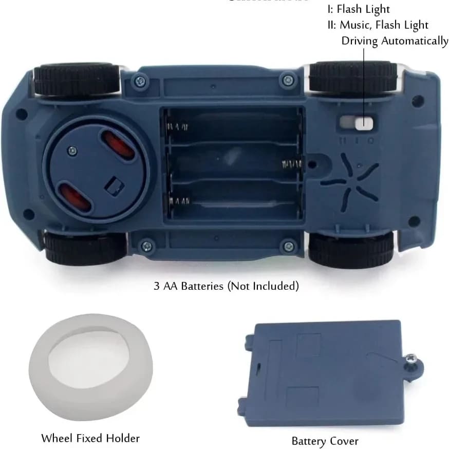 Underside of the car - 3 AA battery compartment, mode switch, spare wheel holder and battery cover
