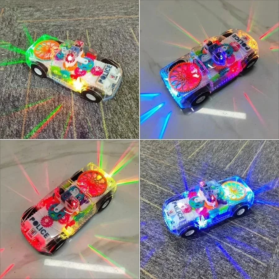 Transparent police car lighting up in four colours in the dark