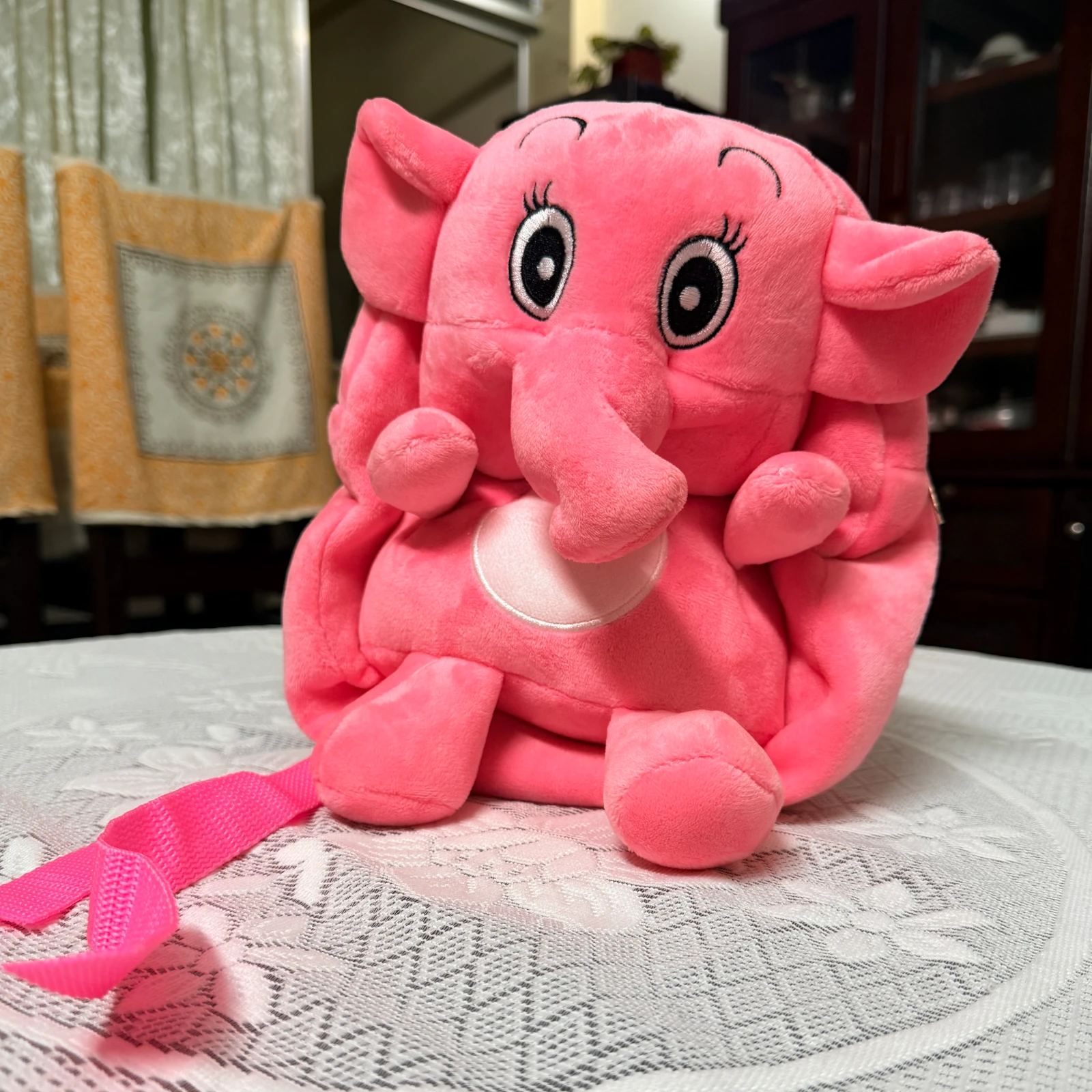 Pink plush elephant backpack for toddlers